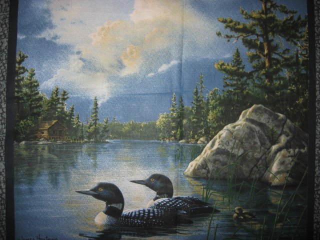 Image 1 of Loons on a lake  set of 2 Pillow Panels of 100% cotton Fabric 