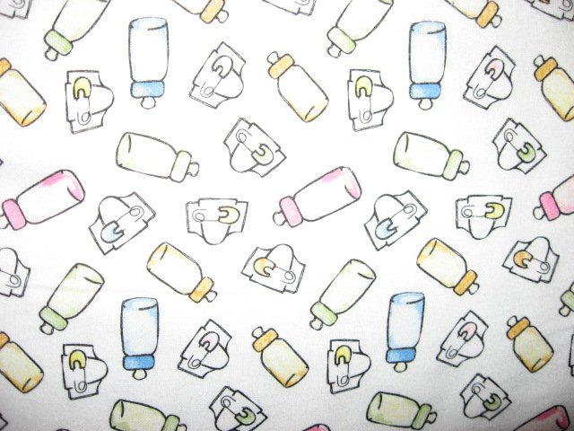 Image 0 of Baby bottles Diaper Pins on white 100% cotton flannel By the Yard