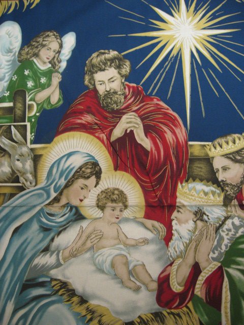 Image 0 of Nativity Jesus Birth Mary Joseph fabric quilt or wall Panel maroon border to sew