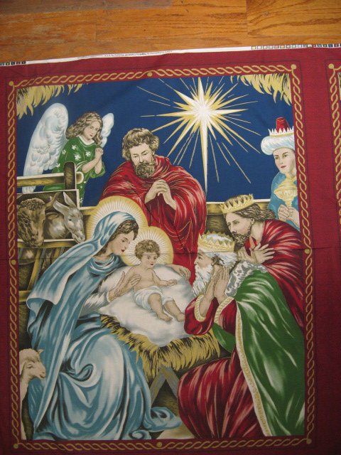 Image 1 of Nativity Jesus Birth Mary Joseph fabric quilt or wall Panel maroon border to sew