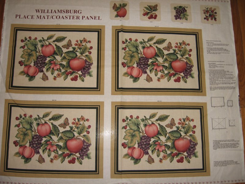 Williamsburg placemats coasters set of four Panel to Sew  Peaches Grapes Apples