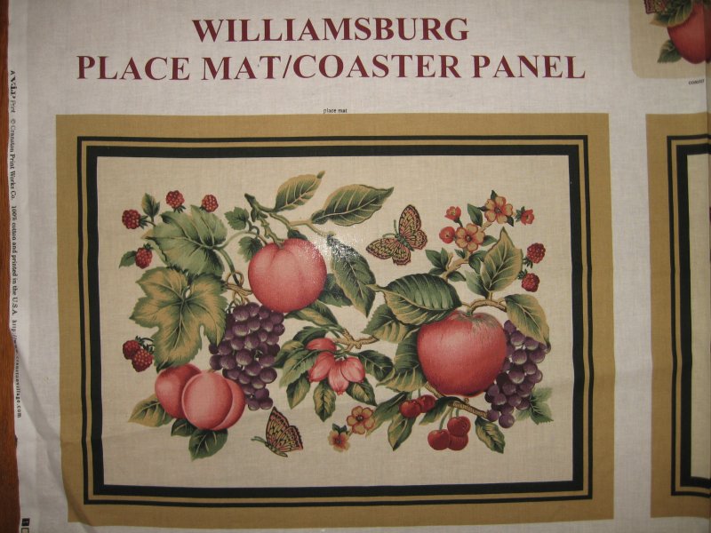 Image 1 of Williamsburg placemats coasters set of four Panel to Sew  Peaches Grapes Apples