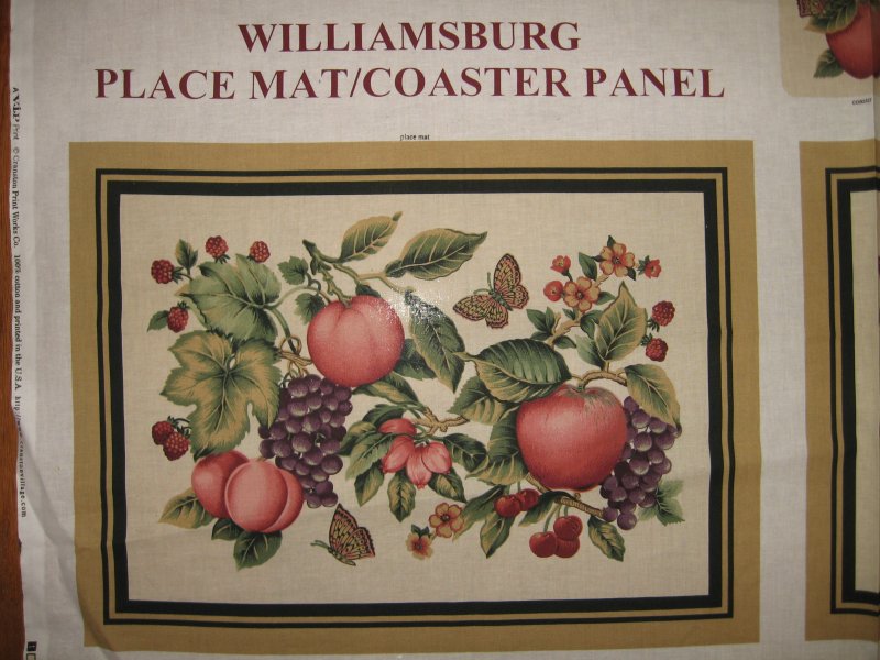Williamsburg placemats coasters set of four Panel to Sew Peaches Grapes