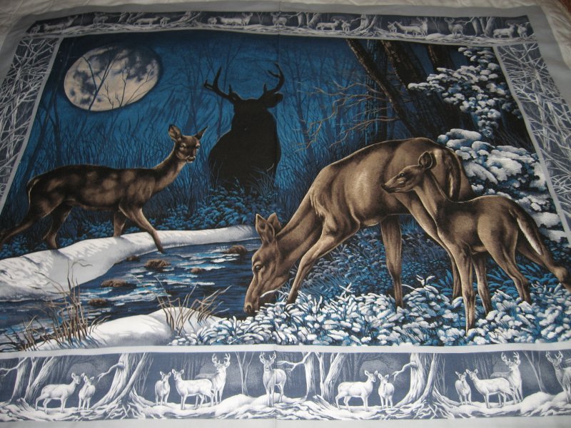 Image 0 of deer winter scene woods 100% Cotton Huge Fabric  wall Panel to sew 