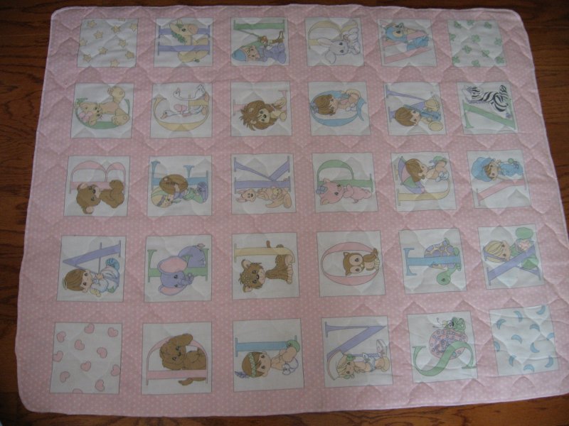 Precious Moments Alphabet Pink Quilted Crib Panel Finished serged Edge 