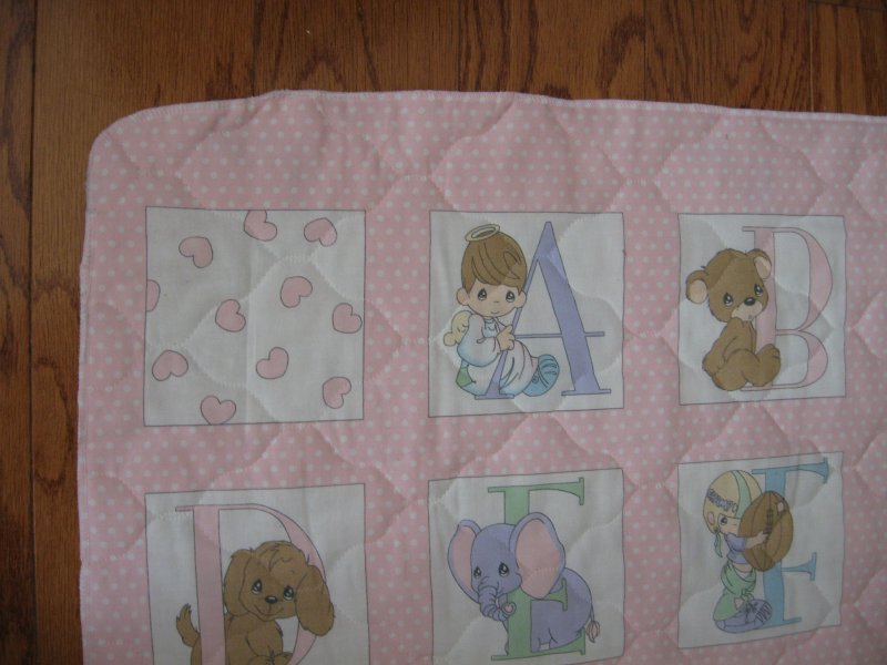 Image 2 of Precious Moments Alphabet Pink Quilted Crib Panel Finished serged Edge 
