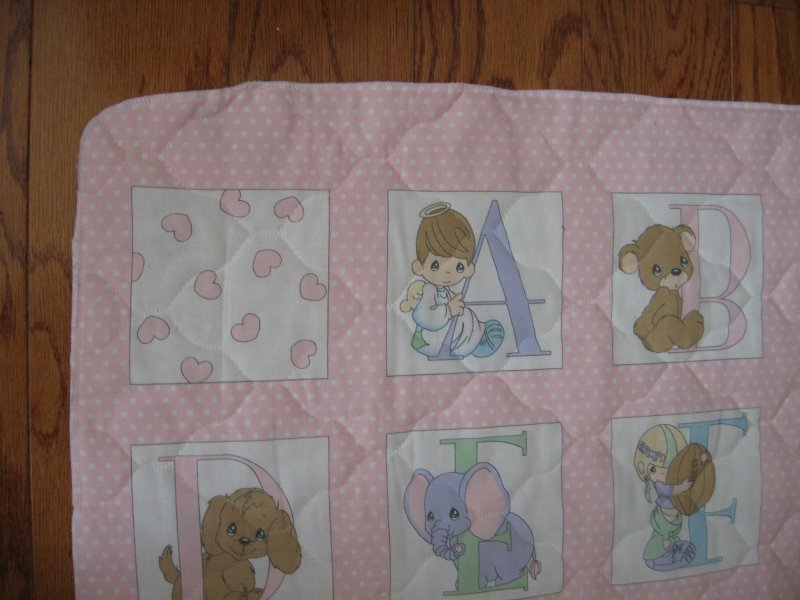 Precious Moments Alphabet Pink Quilted Crib Panel Finished serged Edge