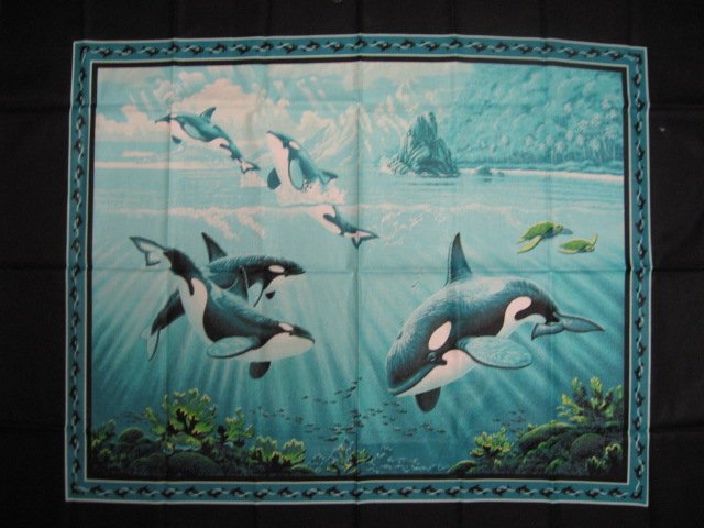 Image 0 of Whale Fish Island Sea Ocean Water Coral Bluegreen Fabric Wall Panel // 