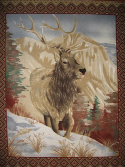 Elk Mountain deer with antlers Southwest Fleece Blanket Panel with finished edge