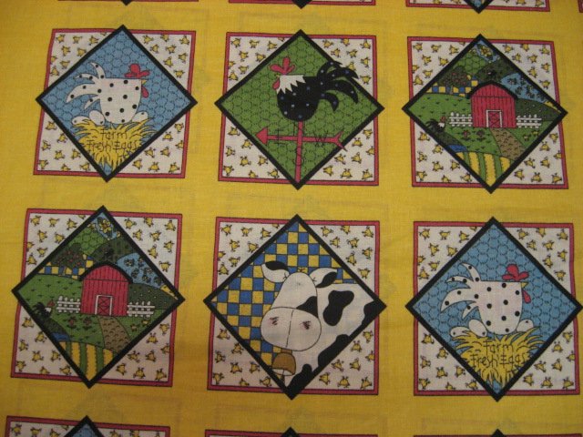 Country Farm Barn Cow Chicken Eggs Rooster Squares  cotton Fabric /