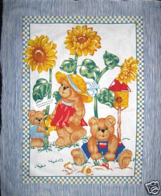 Image 0 of Dressed Teddy bears SunFlower garden Crib Quilt Fabric Panel to Sew