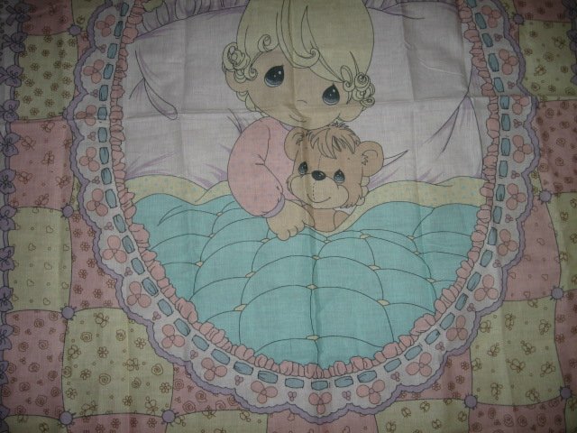 Image 1 of Precious Moments Girl and Teddy Bear rare Quilt Fabric Panel to sew