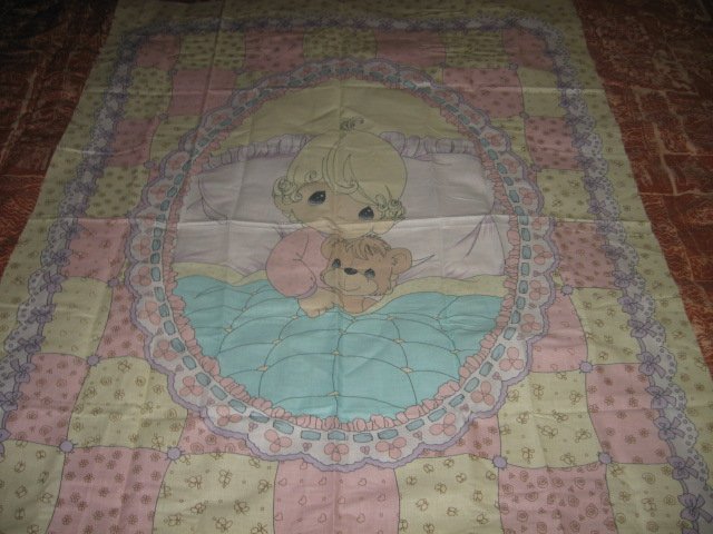 Image 2 of Precious Moments Girl and Teddy Bear rare Quilt Fabric Panel to sew