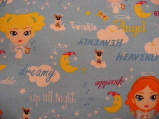 Girl Angel dog Clouds Moon Pre Teen 100% cotton Flannel By the Yard
