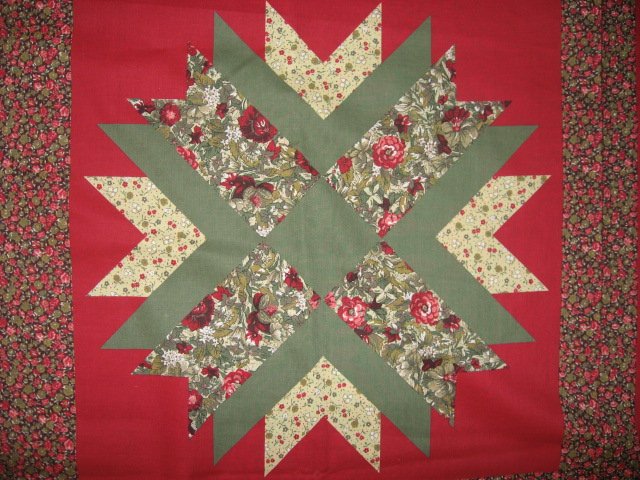 Image 1 of Floral geometric Cheater Quilt red and green Cotton Fabric pillow panel set of 4