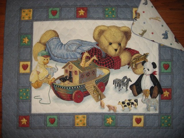 Image 0 of Daisy Kingdom Blue Jean Teddy Noah's Ark Baby crib quilt panel blanket finished