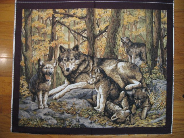 Image 0 of Wolf Family Cubs Forest scene fabric Wall Panel   