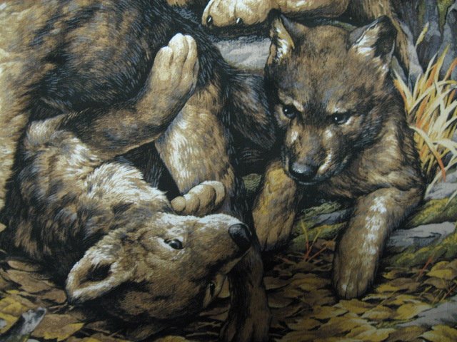 Image 3 of Wolf Family Cubs Forest scene fabric Wall Panel   