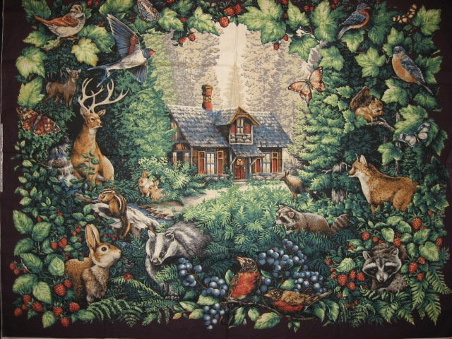 Image 0 of Deer Bird Cabin Glenvale Cottage scene Fabric Wall Panel to sew  rare/