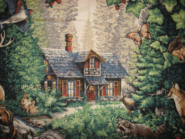 Image 1 of Deer Bird Cabin Glenvale Cottage scene Fabric Wall Panel to sew  rare/