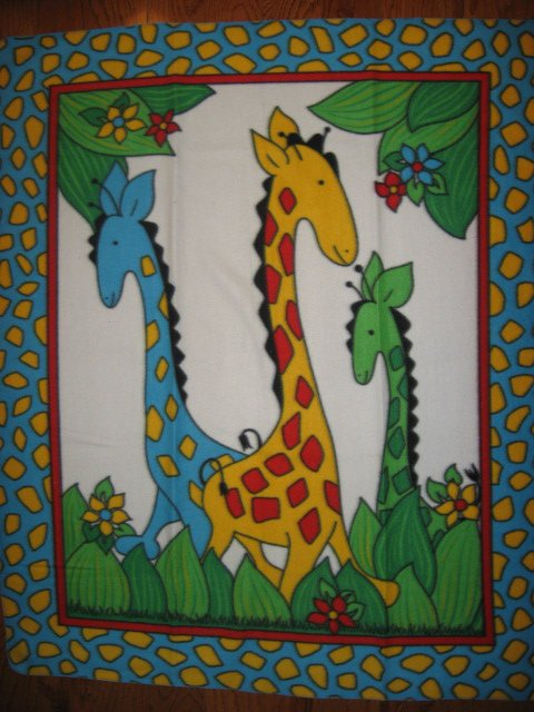 Giraffe Child Bed size Fleece blanket Whimsical  Primary Colors /