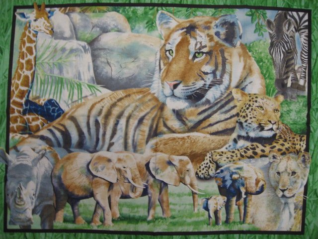 Tiger Zebra Giraffe Rhino Elephant Leopard Jungle collage Fabric Panel sew /