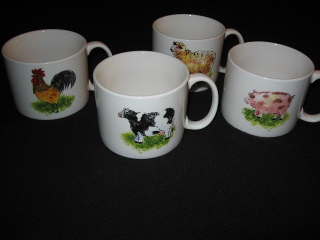 Country Barn Rooster Sheep Cow Pig four large soup mugs cups/