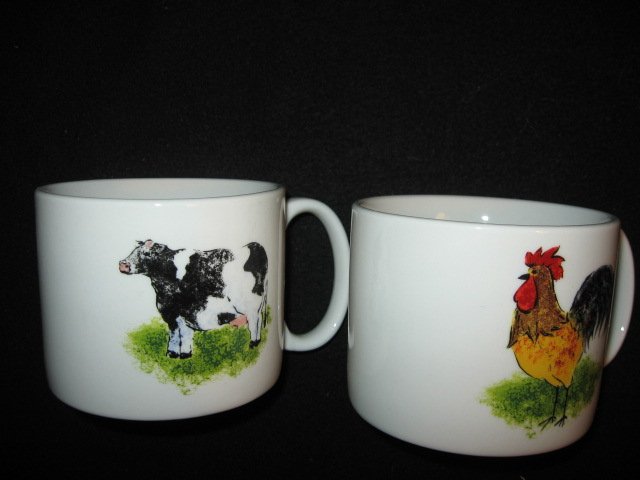 Image 1 of Country Barn Rooster Sheep Cow Pig four large soup mugs cups/