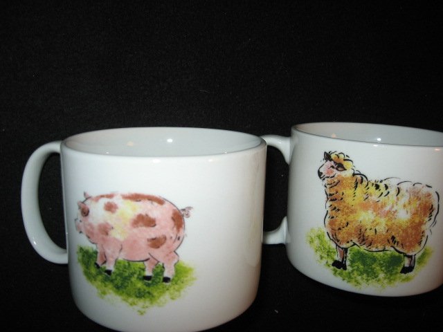 Image 2 of Country Barn Rooster Sheep Cow Pig four large soup mugs cups/