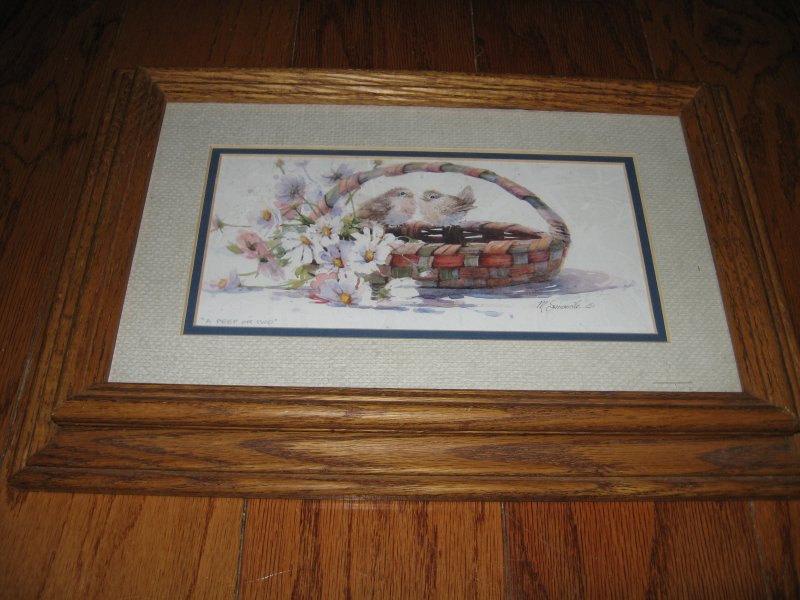 Image 0 of Baby birds basket daisy flowers M. Simandle watercolor print 