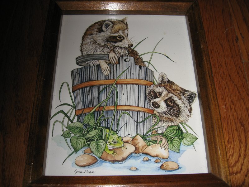 Raccoon in wooden bucket Lynn Bean reproduction of signed painting of 9X11 