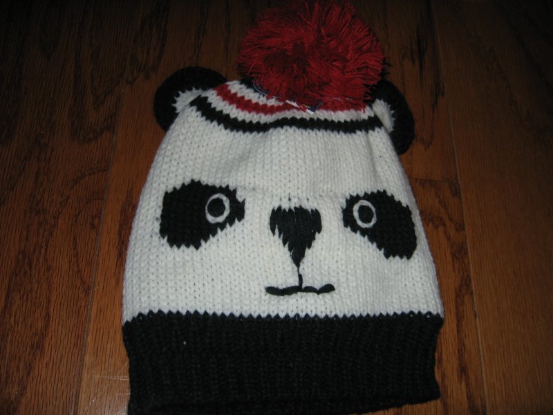 Image 0 of Panda winter  hat mittens and red yarn pompom new super soft for child 2T-5T