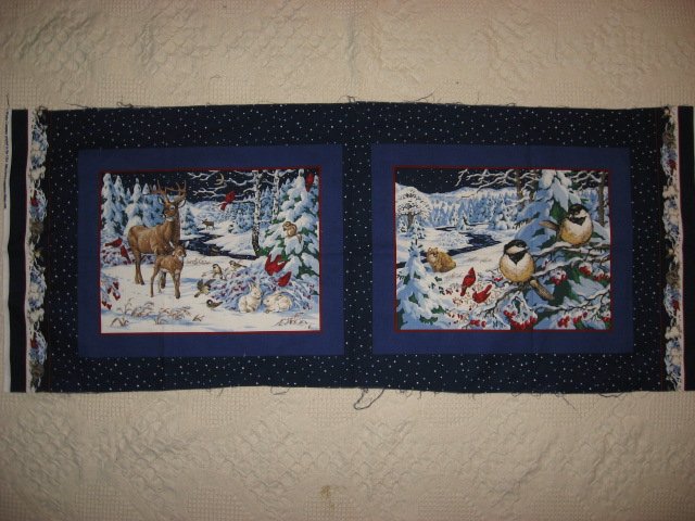 Chicadee bird  deer in the Winter Fabric pillow panels set of two pictures 
