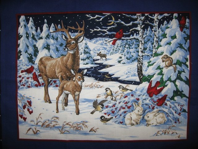 Image 1 of Chicadee bird  deer in the Winter Fabric pillow panels set of two pictures 
