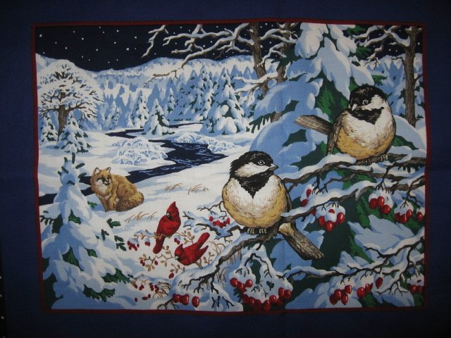 Image 2 of Chicadee bird  deer in the Winter Fabric pillow panels set of two pictures 