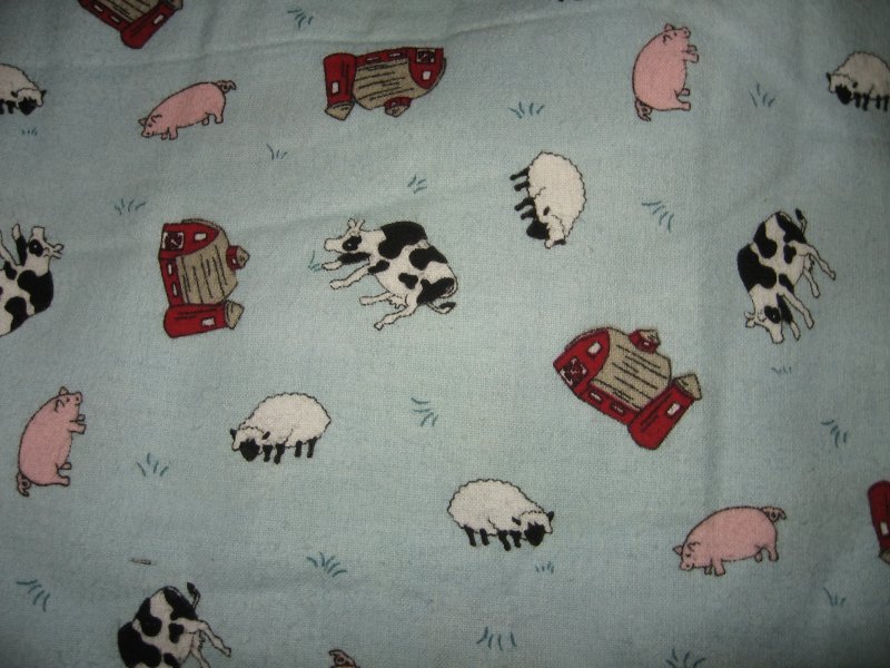 Image 0 of barn cow sheep pig farm animals on powder blue flannel by the yard