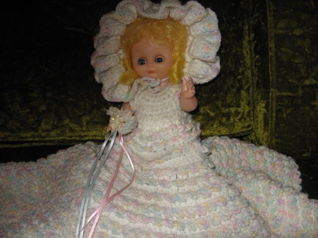 Image 0 of Bride doll wedding crocheted dress hat bonnet bouquet flowers /