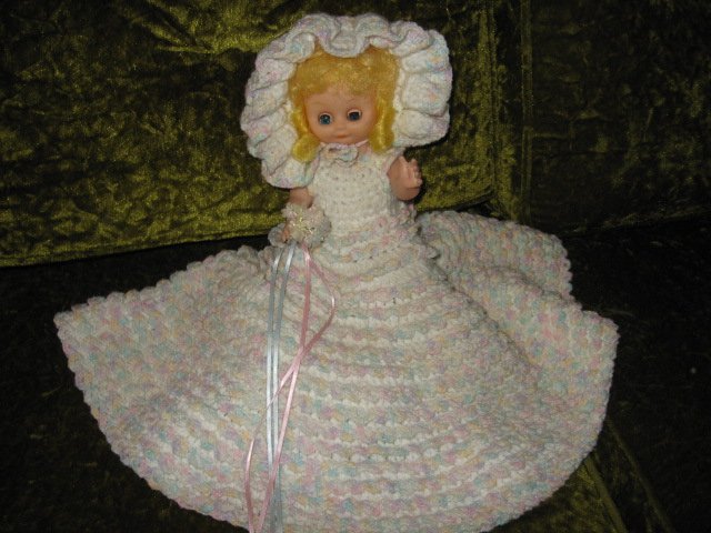 Image 1 of Bride doll wedding crocheted dress hat bonnet bouquet flowers /