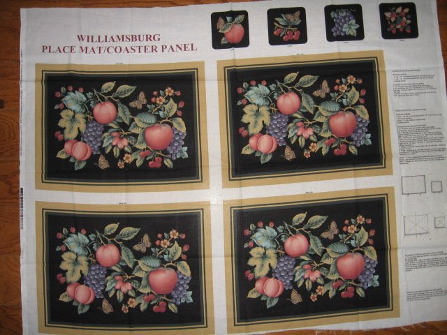 Williamsburg placemats coasters butterfly fruit set of four black Panels to Sew 