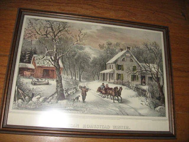 Currier and Ives Lithograph reprint American Homestead Winter Framed