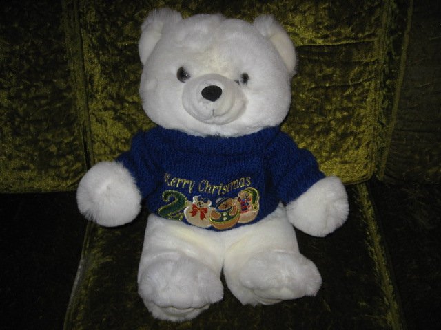 Image 0 of Collectible Christmas Teddy Bear plush blue sweater new 2000 18