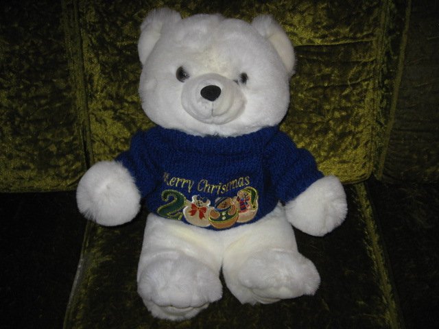 Image 1 of Collectible Christmas Teddy Bear plush blue sweater new 2000 18