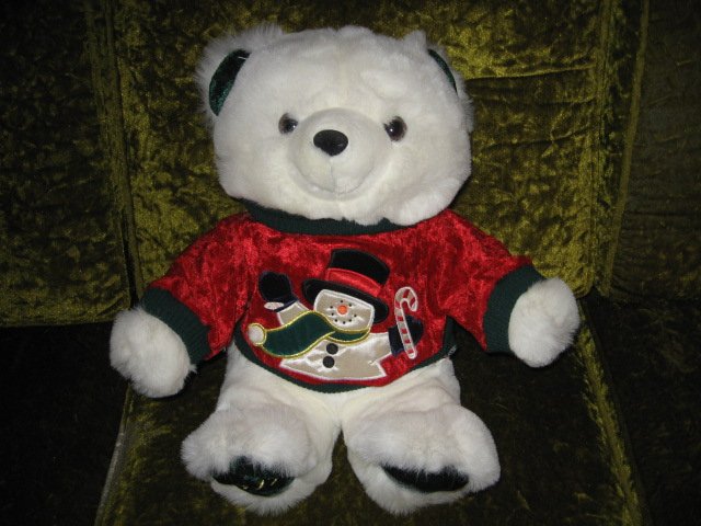 Image 0 of Teddy Bear collectible with  plush appliqued snowman sweater  rare  1999 18