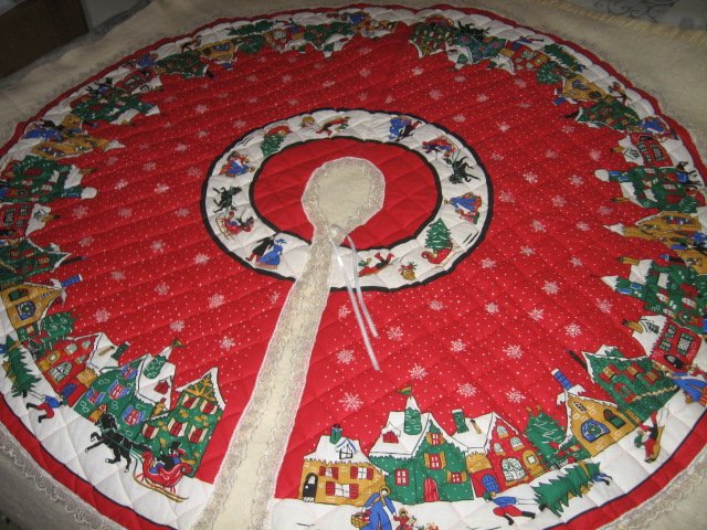 Image 2 of Christmas tree skirt village houses snowflakes Finished lace edge