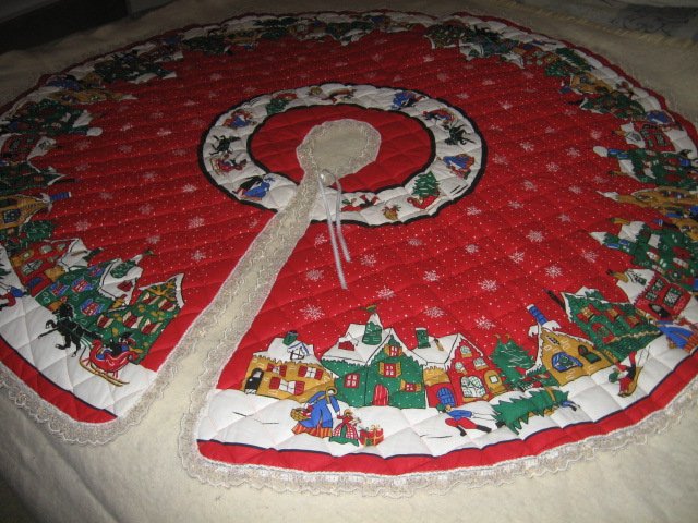 Image 4 of Christmas tree skirt village houses snowflakes Finished lace edge