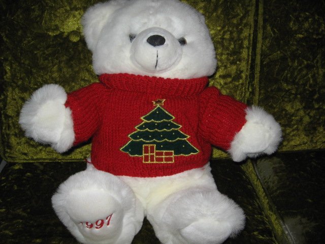 Collectible Christmas Teddy Bear plush red embroidered  sweater new 1997 18