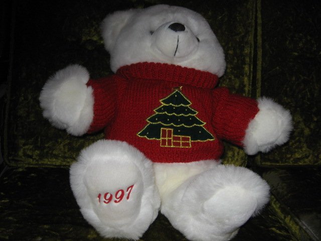 Image 1 of Collectible Christmas Teddy Bear plush red embroidered  sweater new 1997 18