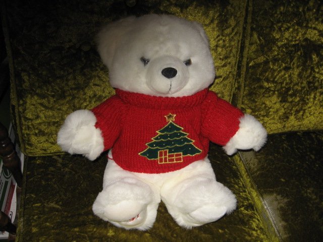 Image 2 of Collectible Christmas Teddy Bear plush red embroidered  sweater new 1997 18
