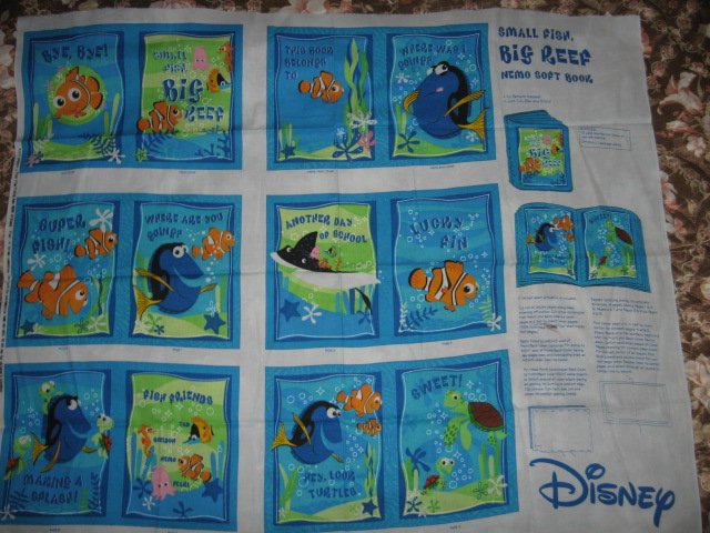Nemo Disney small fish big reef fabric soft book panel or Quilt to sew /