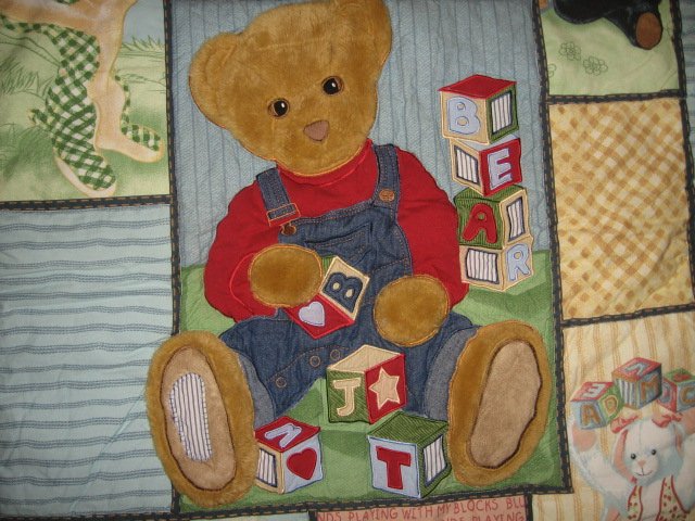 Image 1 of Blue JeanTeddy and friends blocks  crib quilt out of print